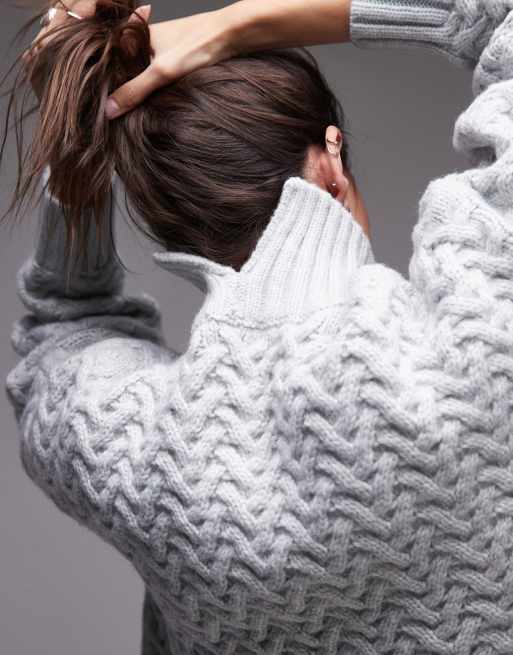 Topshop - Gebreide oversized hoogsluitende trui met geweven kabels in blauw, 2 van 4