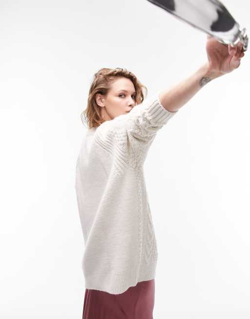 Topshop - Gebreide oversized kabeltrui in crème, 2 van 4