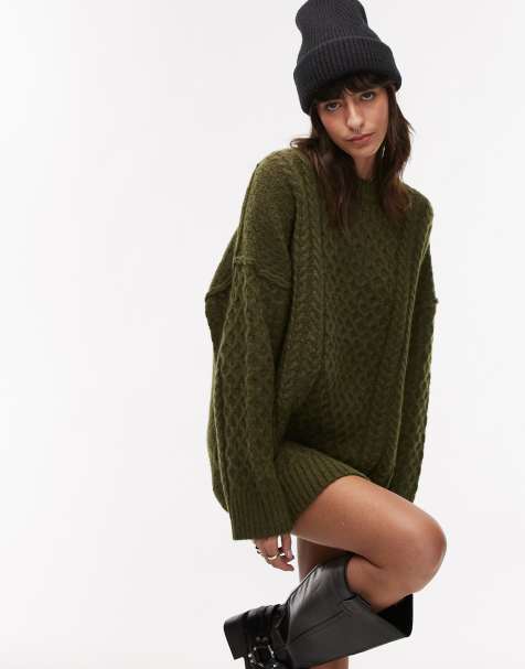 Topshop - Gebreide oversized mini jurk met kabels in kaki - view 1
