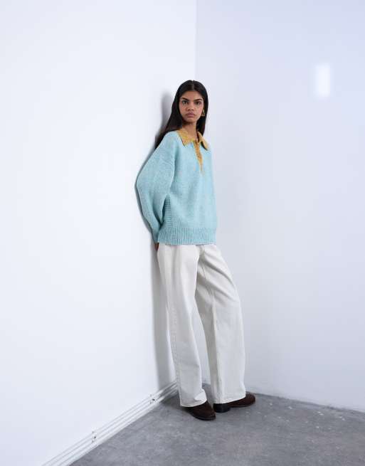 Topshop - Gebreide oversized polo met contrasterende kraag in gemêleerd blauw, 4 van 4