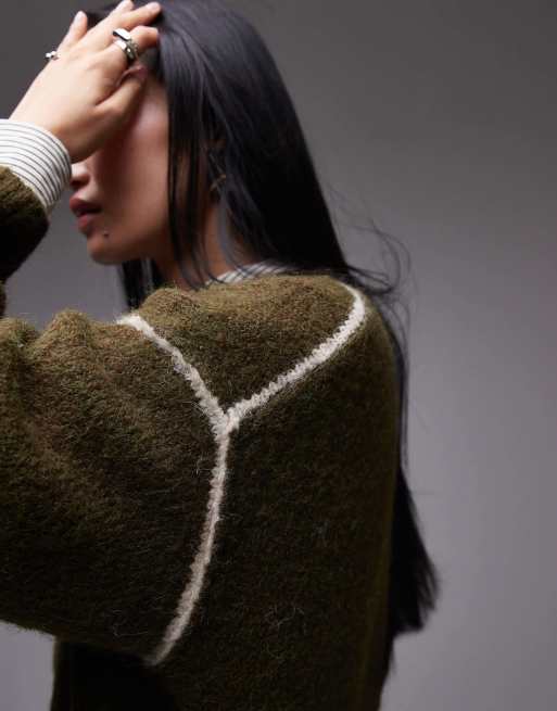 Topshop - Gebreide oversized trui met contrasterende naden in kaki, 3 van 4