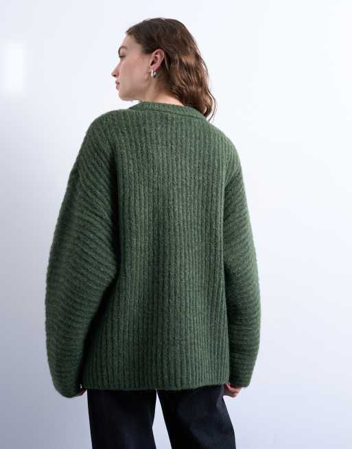 Topshop - Gebreide oversized trui met geribbelde ballonmouwen in groen, 4 van 4
