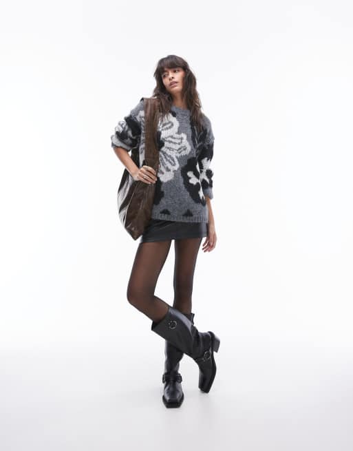 Topshop - Gebreide oversized trui met grote bloemen in grijs, 2 van 4
