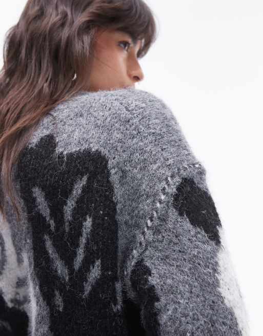Topshop - Gebreide oversized trui met grote bloemen in grijs, 3 van 4