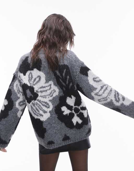 Topshop - Gebreide oversized trui met grote bloemen in grijs, 4 van 4