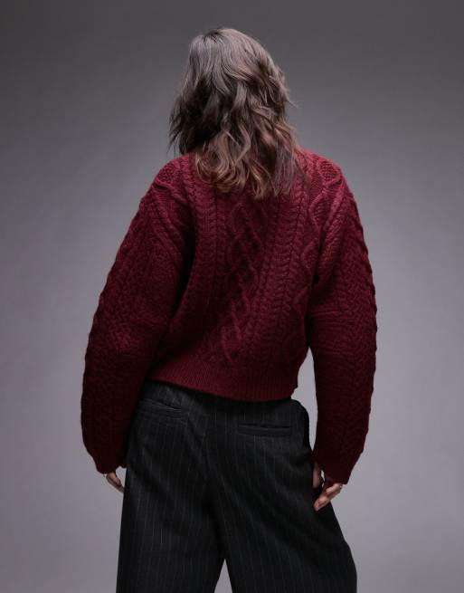 Topshop - Gebreide oversized trui met kabel en gebogen mouwen in bordeauxrood, 2 van 4