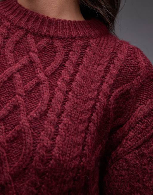Topshop - Gebreide oversized trui met kabel en gebogen mouwen in bordeauxrood, 3 van 4