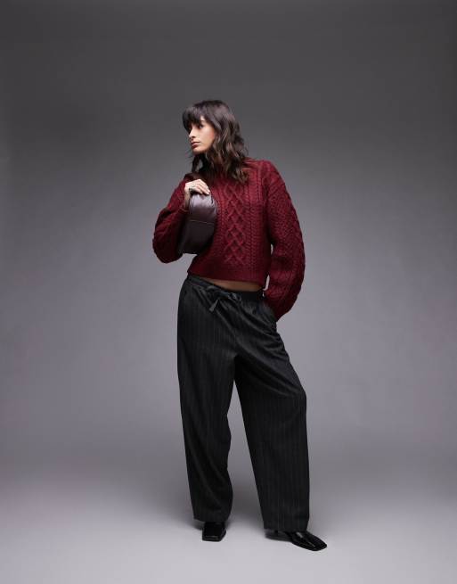 Topshop - Gebreide oversized trui met kabel en gebogen mouwen in bordeauxrood, 4 van 4