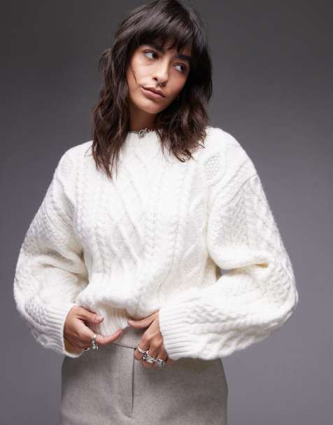 Topshop - Gebreide oversized trui met kabels en ronde mouwen in ivoorwit - view 1