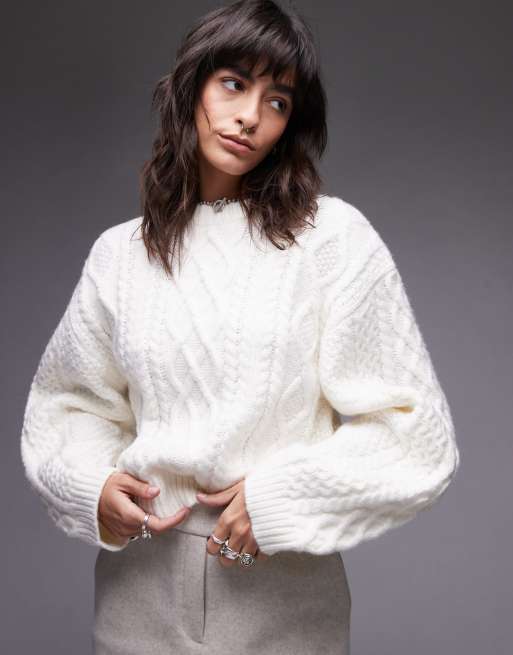 Topshop - Gebreide oversized trui met kabels en ronde mouwen in ivoorwit