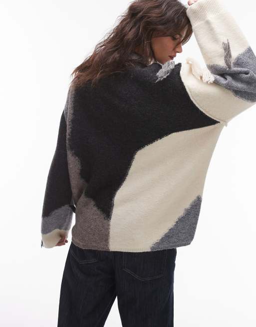 Topshop - Gebreide oversized trui met patchwork en kwastjes in neutrale kleuren, 2 van 4
