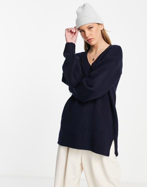 Topshop - Gebreide oversized trui met V-hals in marineblauw