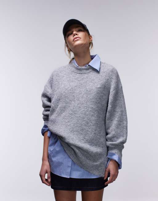 Topshop - Gebreide oversized trui met zichtbare naden en ronde hals in grijs
