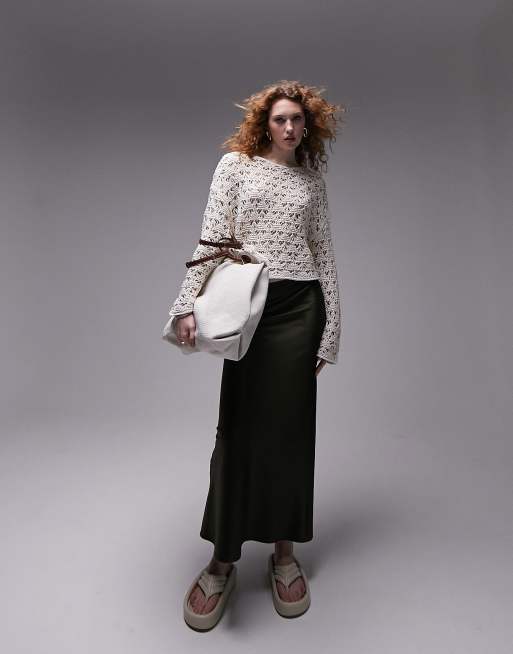 Topshop - Gebreide oversized trui van bandjesgaren met stiksels in ivoorwit