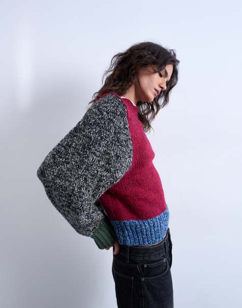 Topshop - Gebreide patchwork trui van gedraaid garen met volumineuze mouwen - view 1