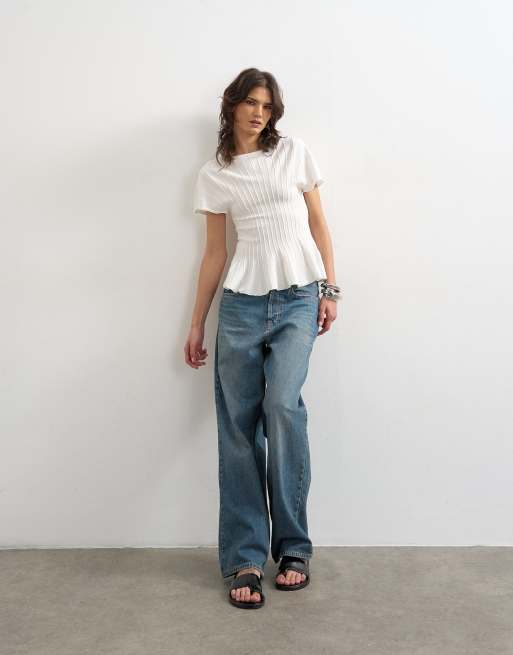Topshop - Gebreide peplum top met korte mouwen in ivoorwit, 2 van 4