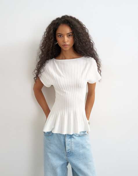 Topshop gebreide peplumtop met korte mouwen in ivoorwit - view 1