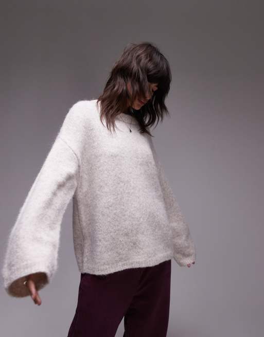 Topshop - Gebreide pluizige oversized trui met ronde hals in havermout