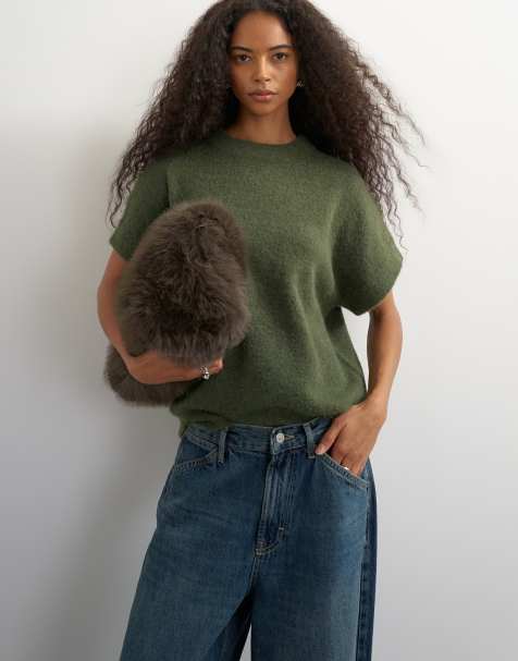 Topshop gebreide pluizige top met korte mouwen en wol in kaki - view 1