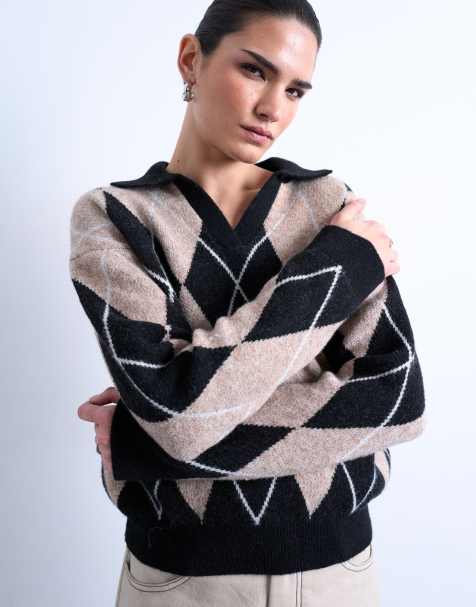 Topshop - Gebreide polo met argyle-motief in neutraal - view 1