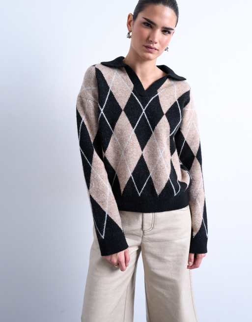 Topshop - Gebreide polo met argyle-motief in neutraal, 3 van 4