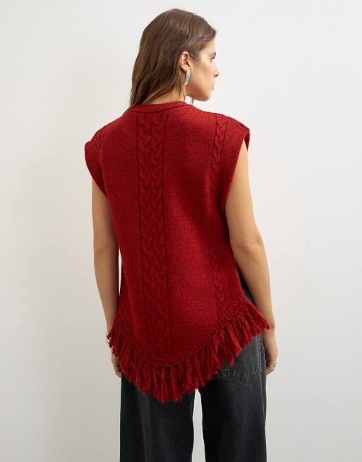 Topshop gebreide poncho met franjes in rood, 3 van 4