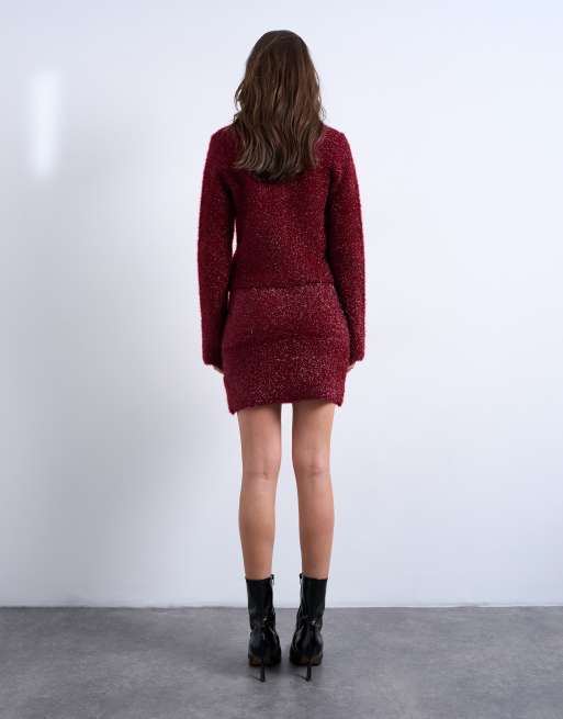 Topshop - Gebreide rok met glitter in bordeauxrood, deel van co-ord sets, 2 van 5