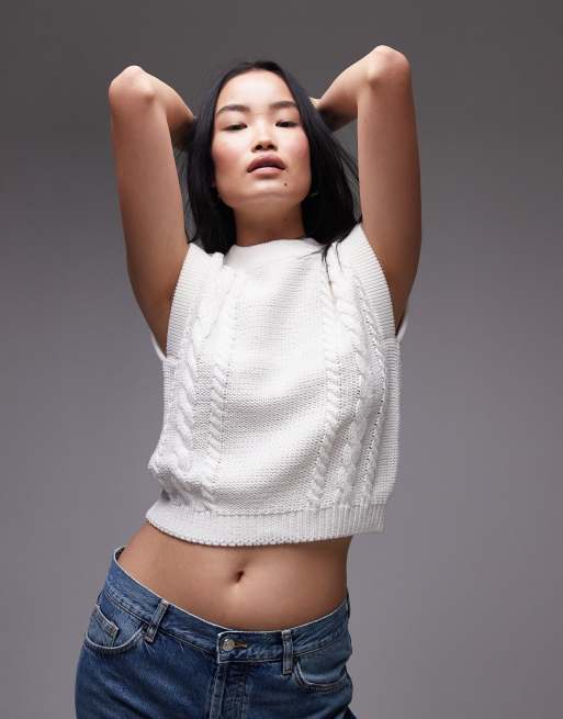 Topshop - Gebreide tanktop met kabels in ivoor