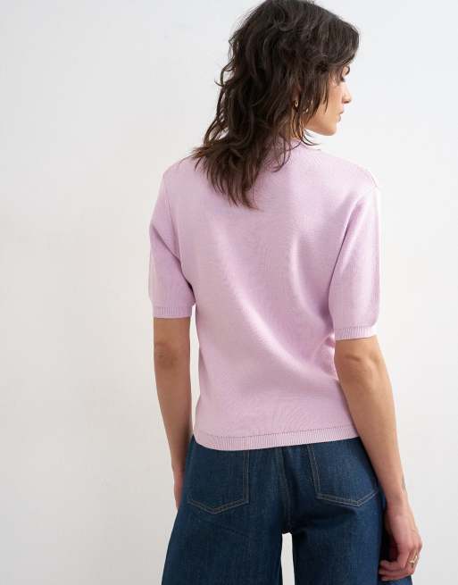 Topshop - Gebreide top met hoge V-hals in roze, 4 van 4