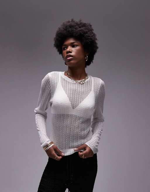 Topshop - Gebreide top met lange mouwen in doorschijnend ivoorwit