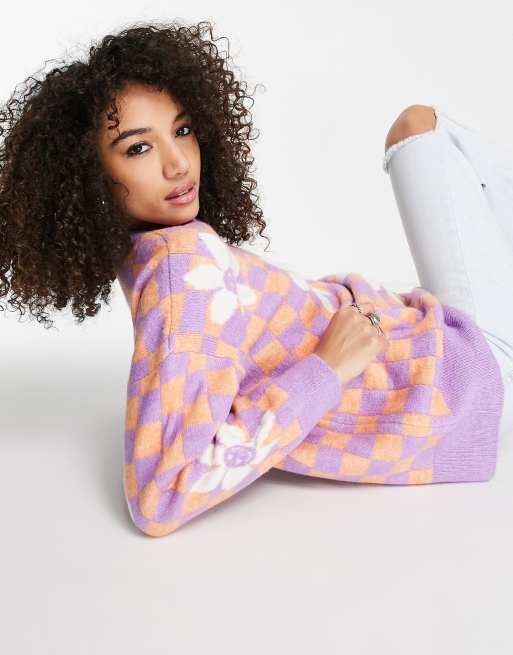 Topshop - Gebreide trui met dambord- en bloemenprint in multi