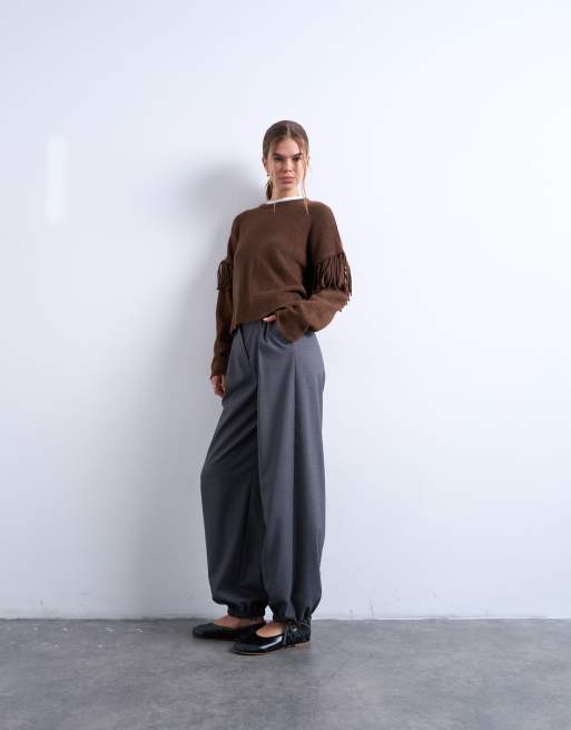 Topshop - Gebreide trui met franjes in chocoladebruin, 2 van 4