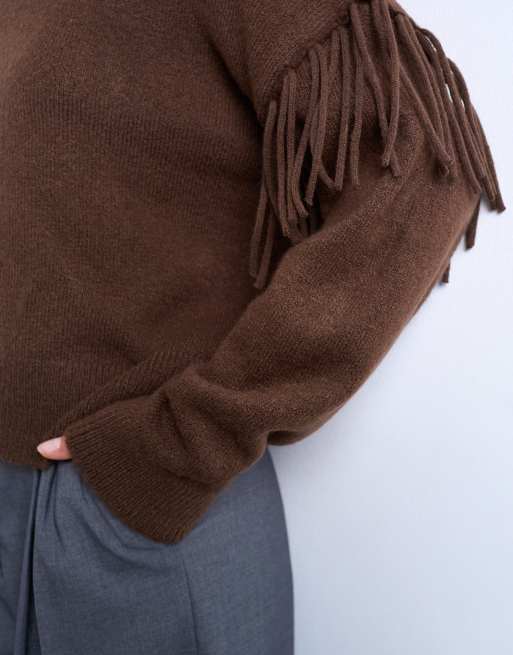 Topshop - Gebreide trui met franjes in chocoladebruin, 3 van 4