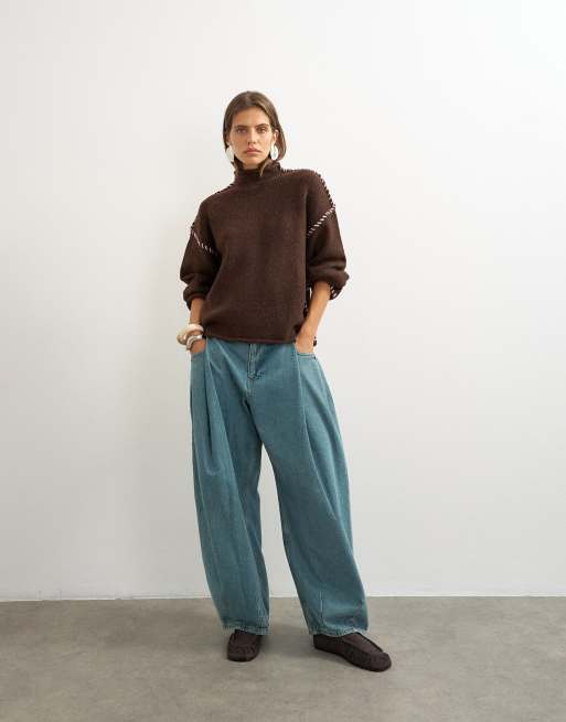 Topshop gebreide trui met gerolde rand en dekensteek in pecan, 2 van 4