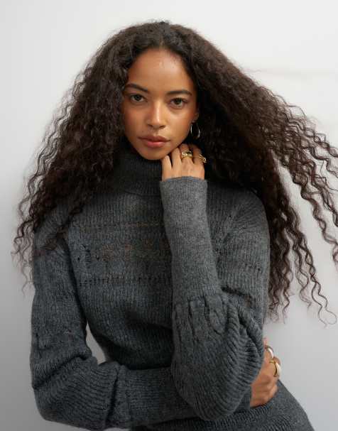 Topshop gebreide trui met hoge hals en steekdetail in grijs - view 1