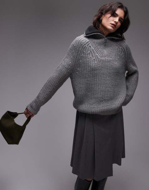 Topshop - Gebreide trui met kraag met korte rits in grijs - view 1