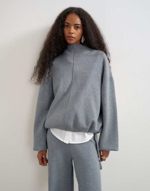 Topshop - Gebreide co-ord set met broek met geknoopt detail en trui met opstaande boord in grijs, 2 van 2