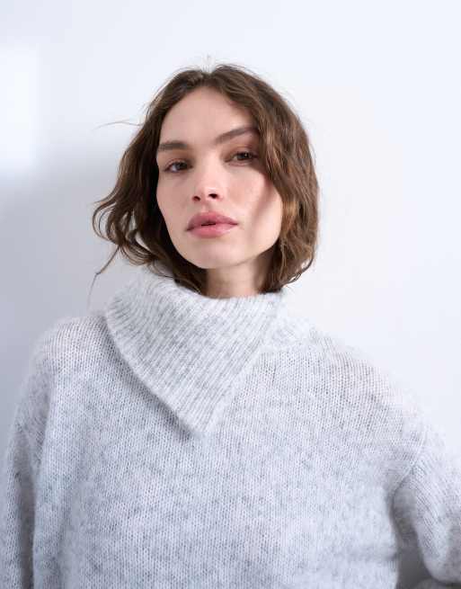 Topshop - Gebreide trui met opstaande boord met split in grijs, 2 van 4
