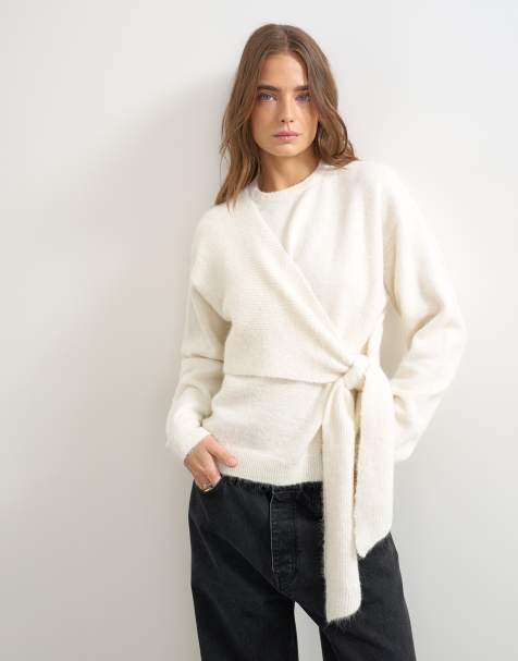 Topshop gebreide trui met strik aan de voorkant in ivoorwit - view 1