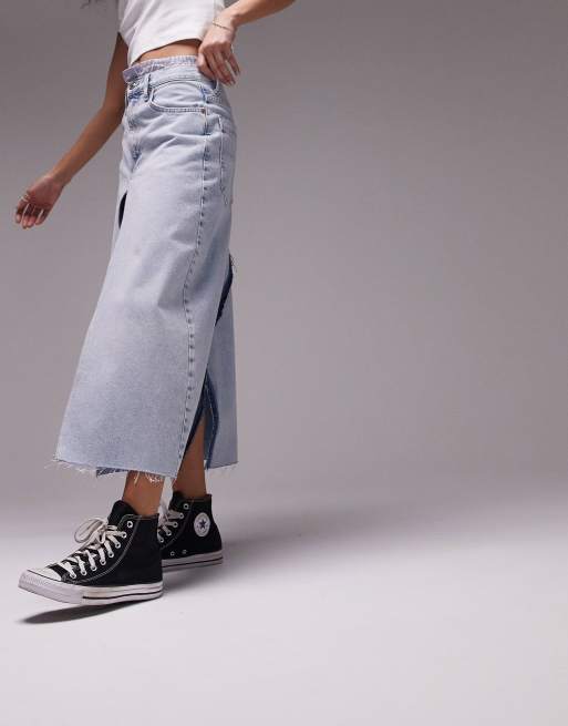 Topshop - Gedeconstrueerde denim rok met poplin inzetstuk in bleek