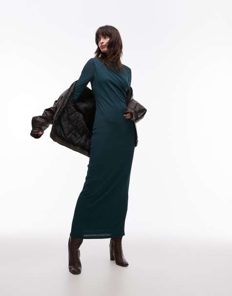 Topshop - Gedraaide midaxi-jurk met lange mouwen in groen - view 1