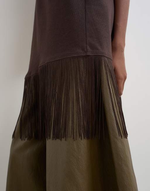 Topshop gedrapeerde asymmetrische top met franjes in chocoladebruin, 3 van 4