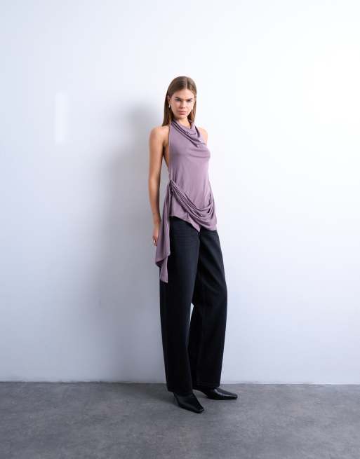 Topshop - Gedrapeerde cupro haltertop in vijgkleur, 2 van 4