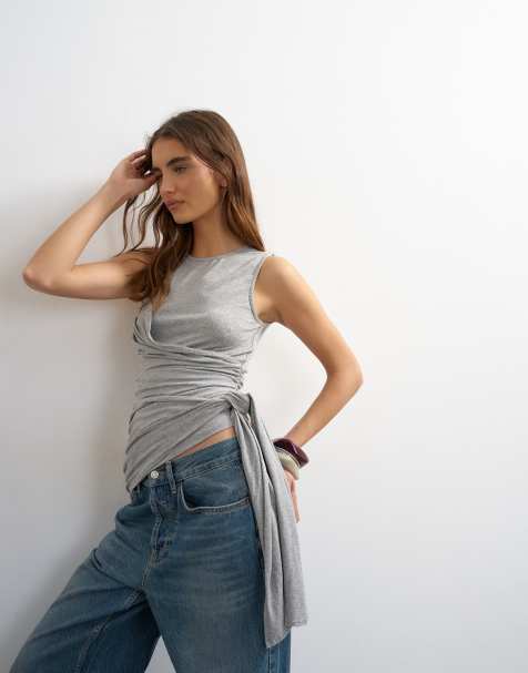 Topshop - Gedrapeerde tanktop met overslag en strik in gemêleerd grijs - view 1