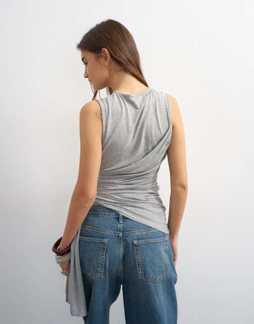 Topshop - Gedrapeerde tanktop met overslag en strik in gemêleerd grijs, 4 van 4