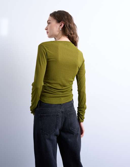Topshop - Gedrapeerde top van mesh me lange mouwen in olijfgroen, 3 van 4