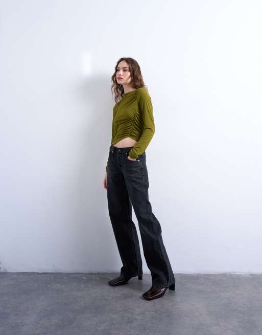Topshop - Gedrapeerde top van mesh me lange mouwen in olijfgroen, 4 van 4