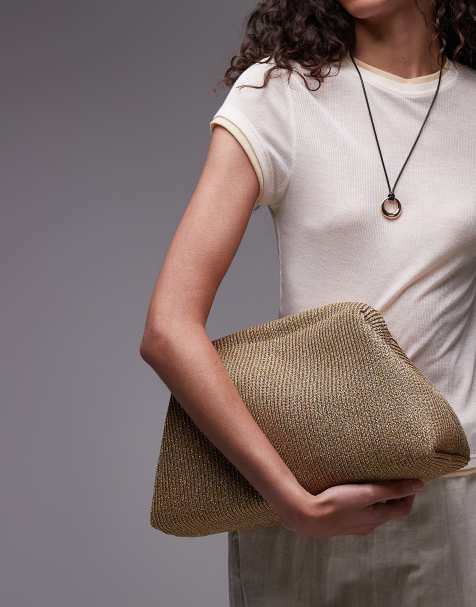 Topshop Geela oversized weave grab clutch bag in gold - view 1
