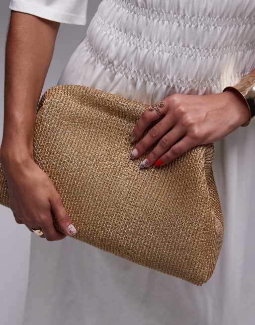 Topshop Geela oversized weave grab clutch bag in gold, 3 of 4