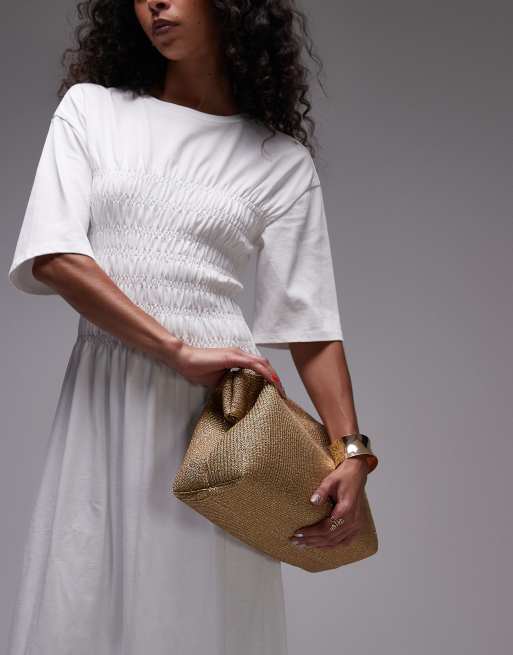 Topshop Geela oversized weave grab clutch bag in gold, 4 of 4